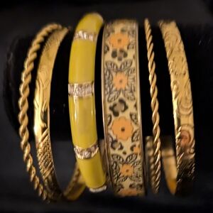 #58. Vera Bradley Flowered Bangle & One Green Hinged Bangle & 9 Gold Bangles